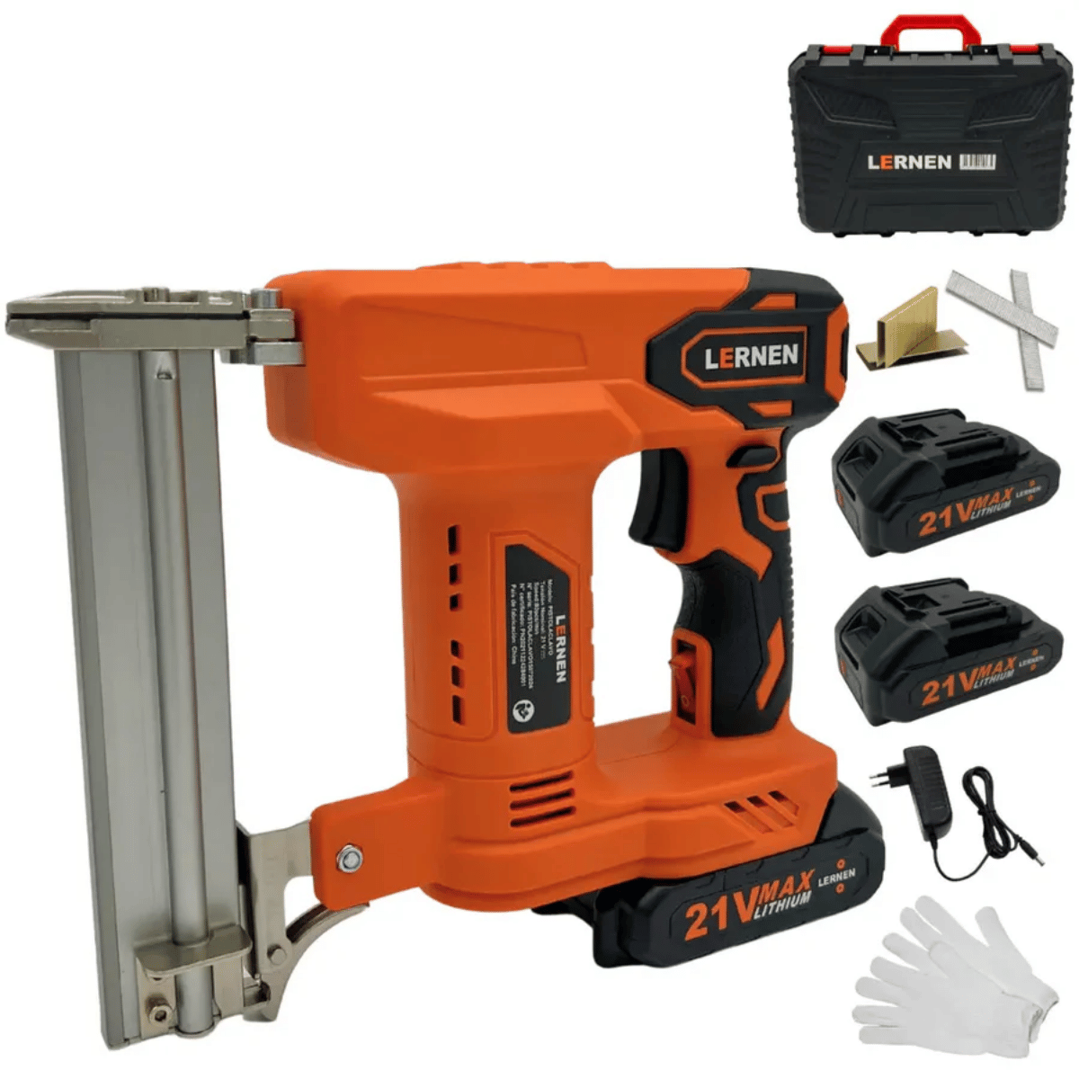 Pistola De Clavos y Grapas Inalámbrica LERNEN + 2 Baterías